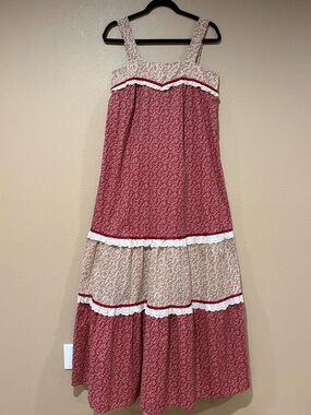 Vintage 70s Nalii Womens Maxi Sundress sz 13 Tiered Prairie Maroon/Cream Calico